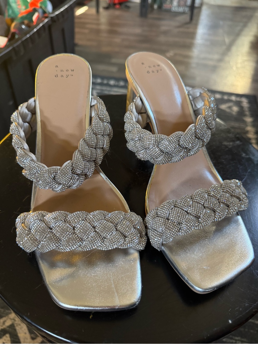 a new day Silver Braided Beaded Block Heel Slides